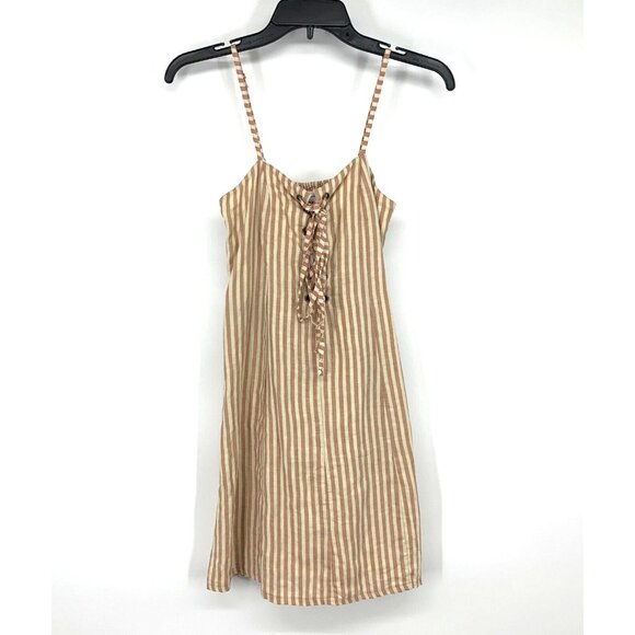 Faithfull The Brand Dress Small 100% Linen Stripe Lace Up Mini - Picture 4 of 16